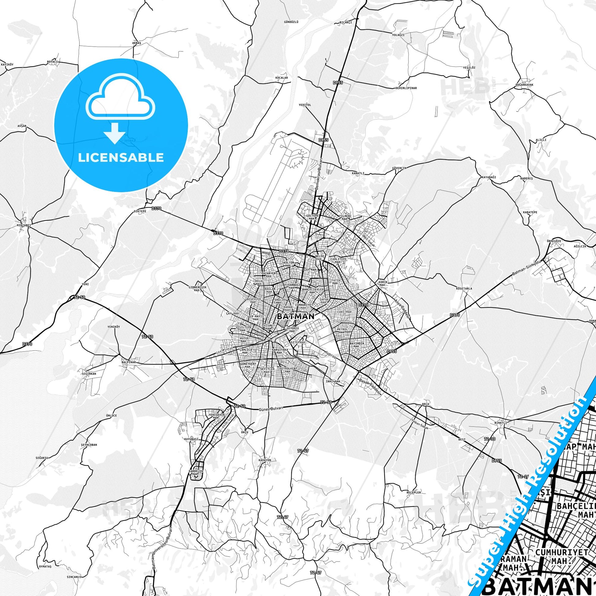 Batman, Turkey light map with streetnames, citynames and districts