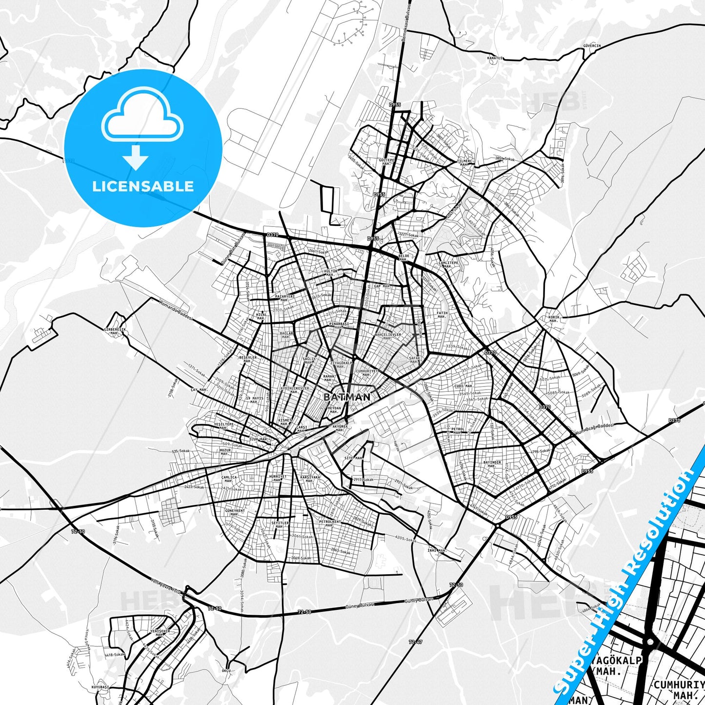 Batman, Turkey Light Map with Street Names, City Names, and Districts