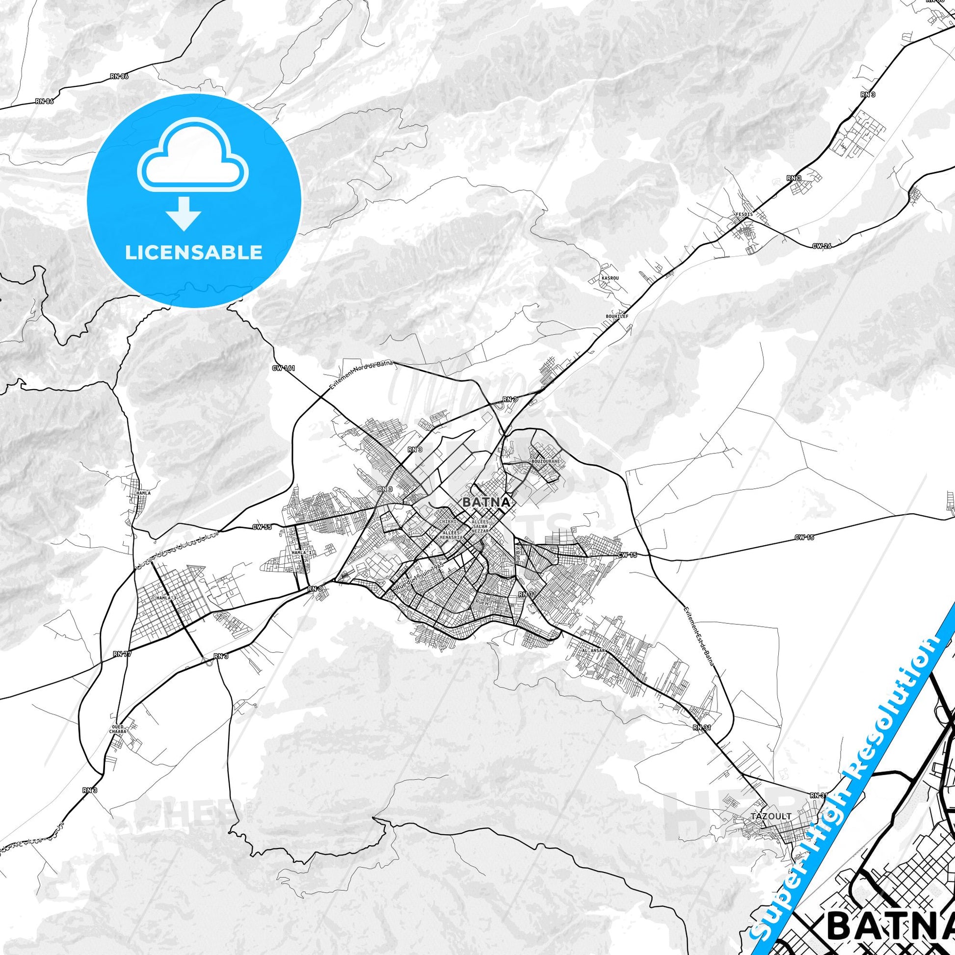 Batna, Algeria light map with streetnames, citynames and districts