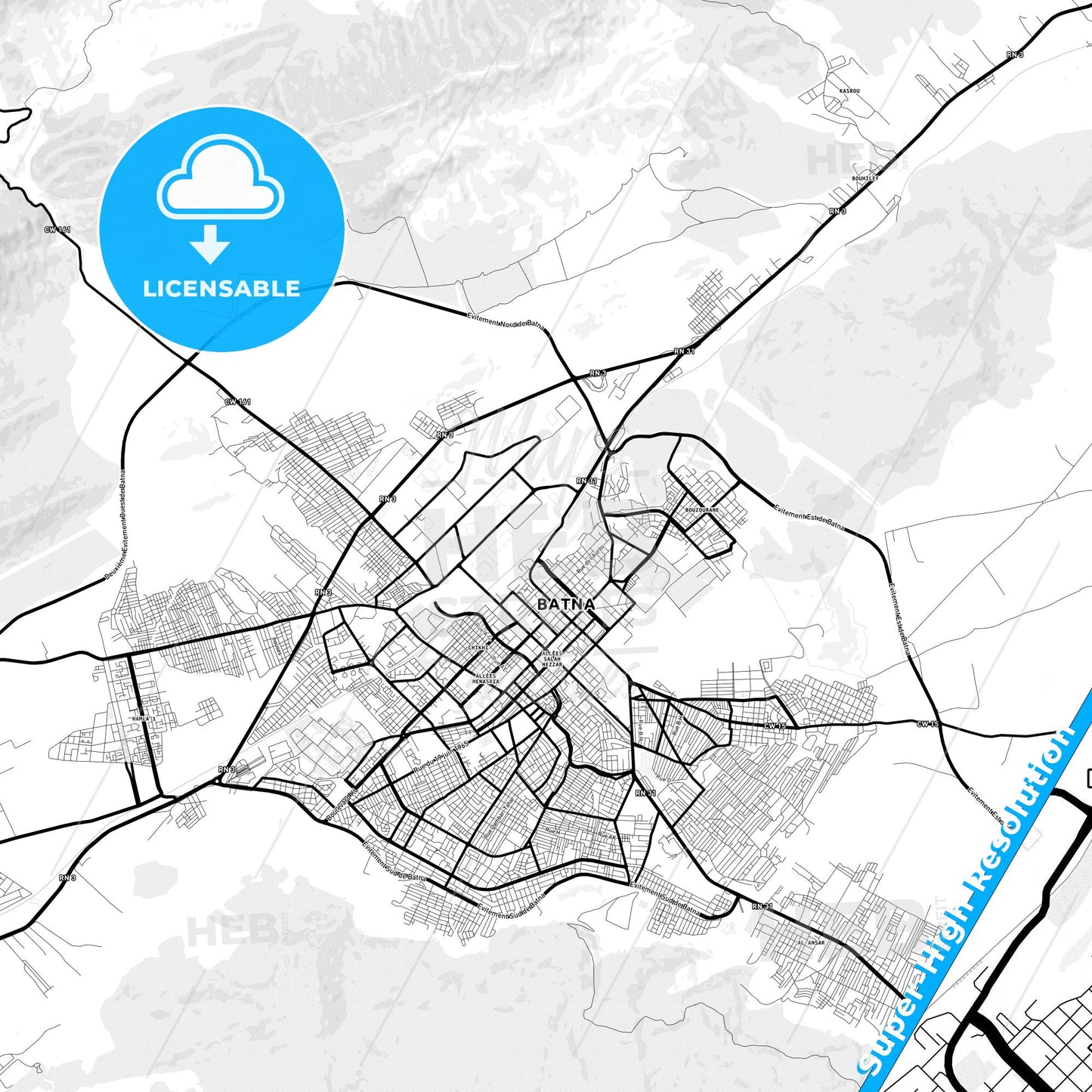 Batna, Algeria Light Map with Street Names, City Names, and Districts
