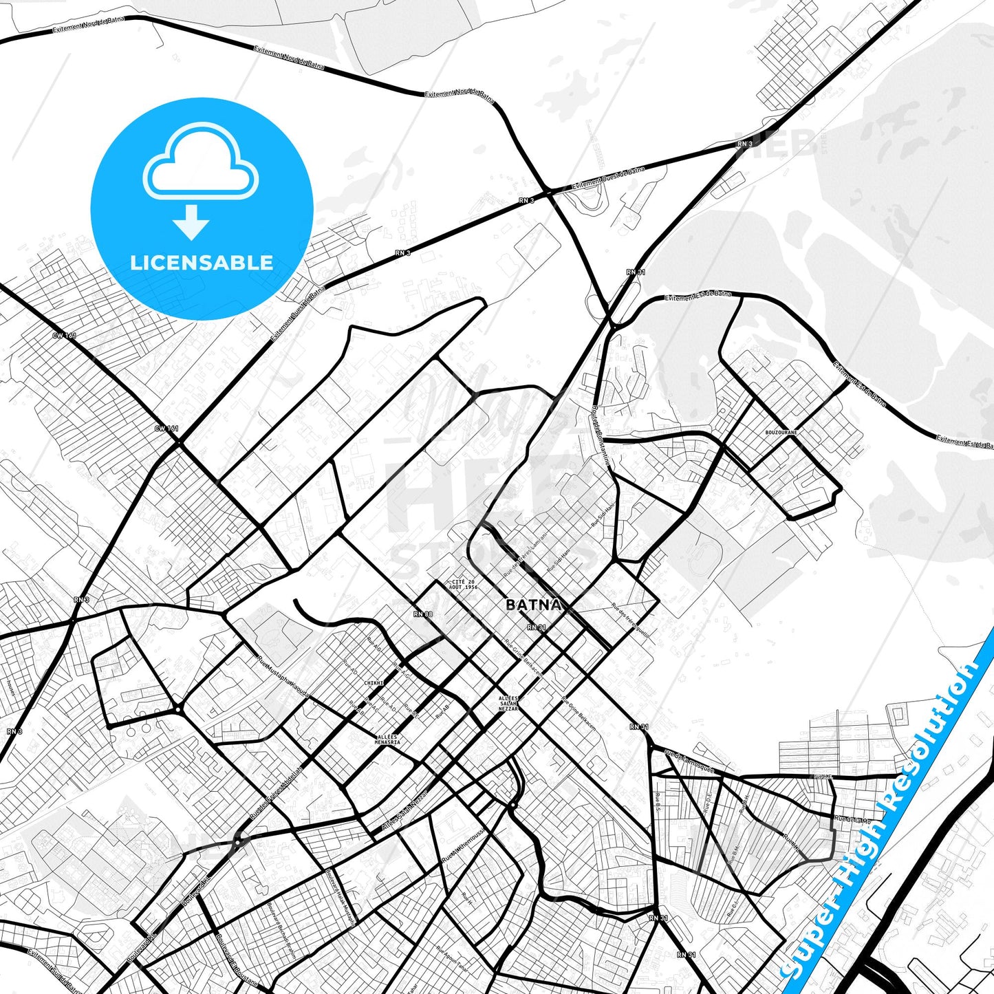 Batna, Algeria Light Map with Street Names, City Names, and Districts