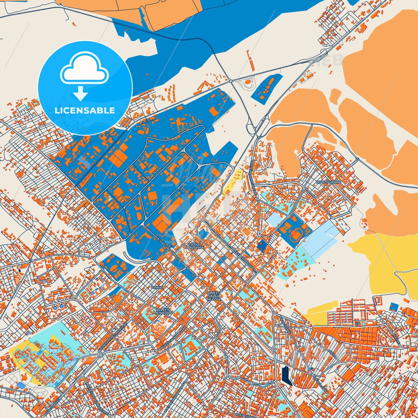 Colorful Batna Street Map with Labels and Buildings