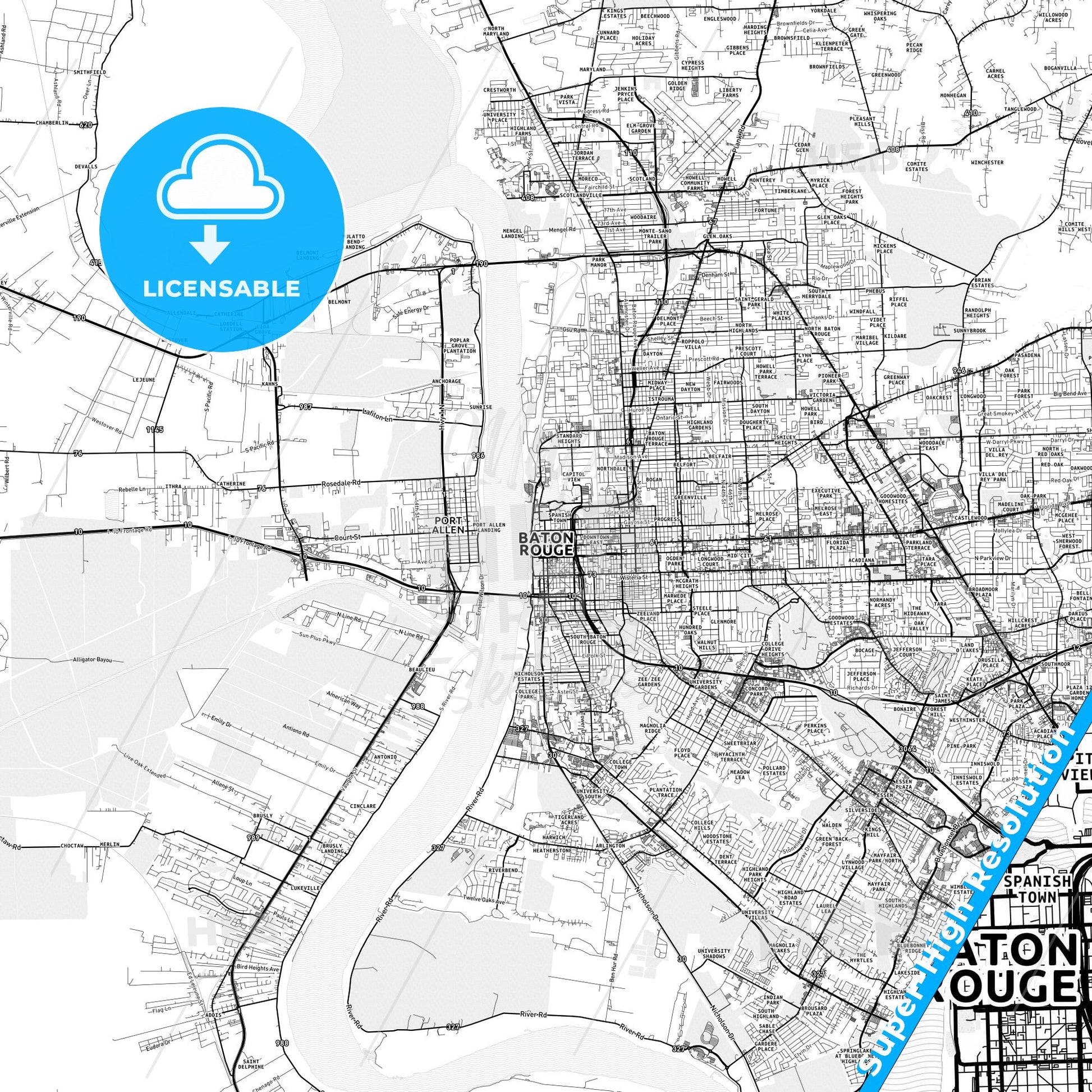 Baton Rouge, Louisiana light map with streetnames, citynames and districts