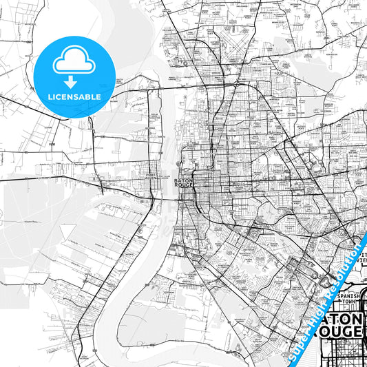 Baton Rouge, Louisiana light map with streetnames, citynames and districts