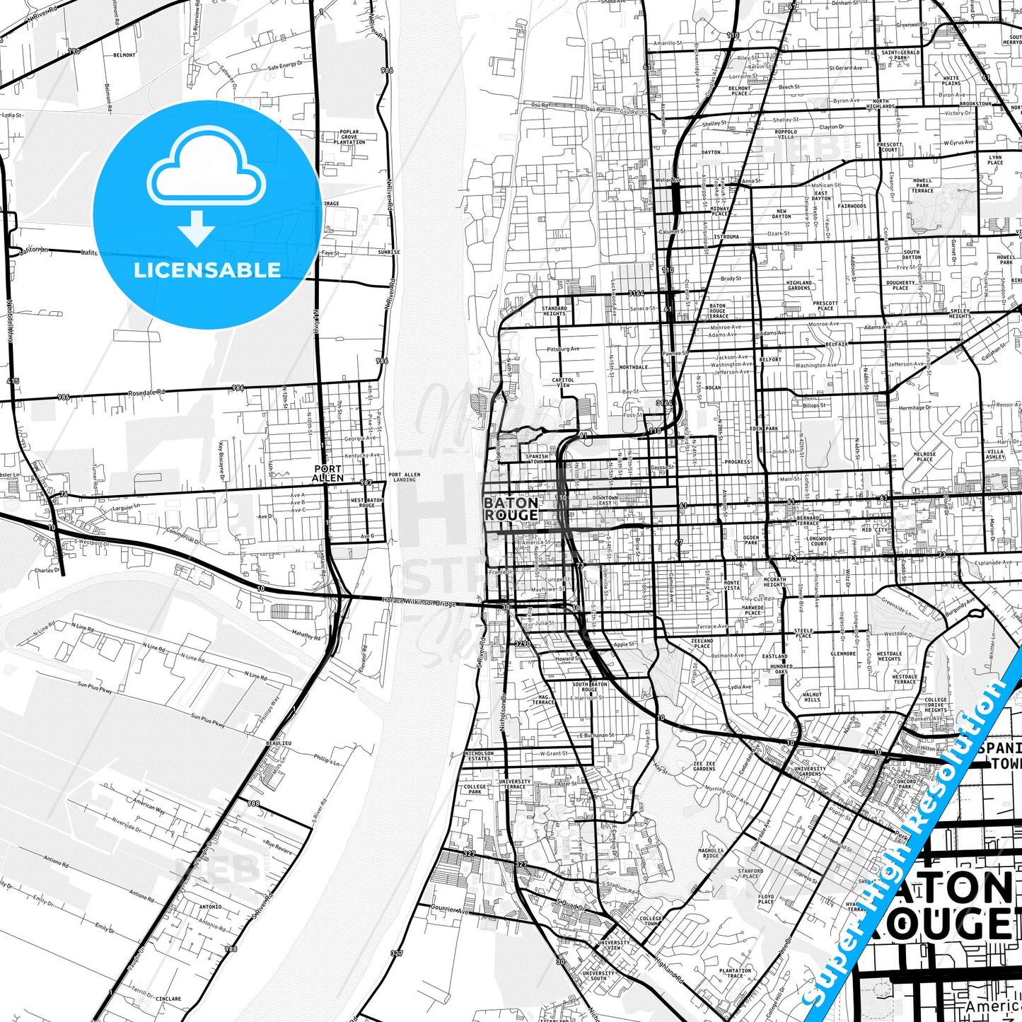 Baton Rouge, Louisiana Light Map with Street Names, City Names, and Districts