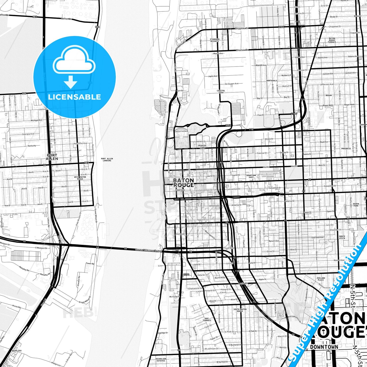 Baton Rouge, Louisiana Light Map with Street Names, City Names, and Districts