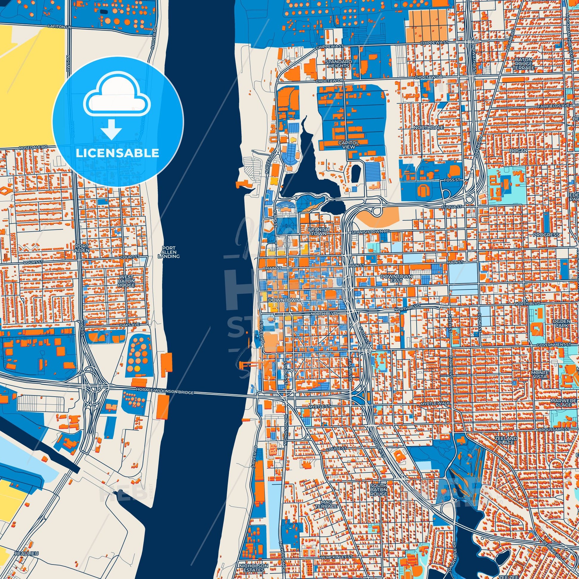 Colorful Baton Rouge Street Map with Labels and Buildings