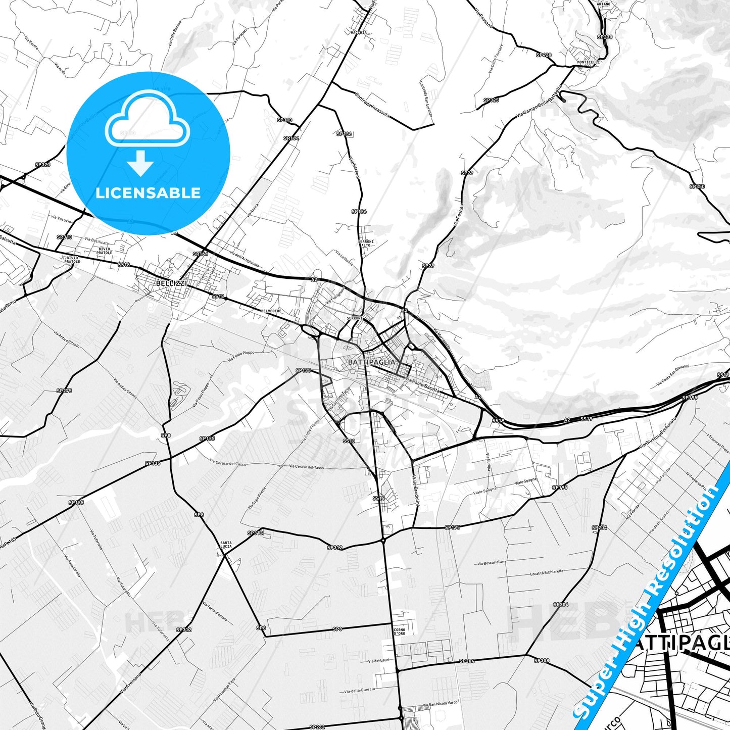 Battipaglia, Italy Light Map with Street Names, City Names, and Districts