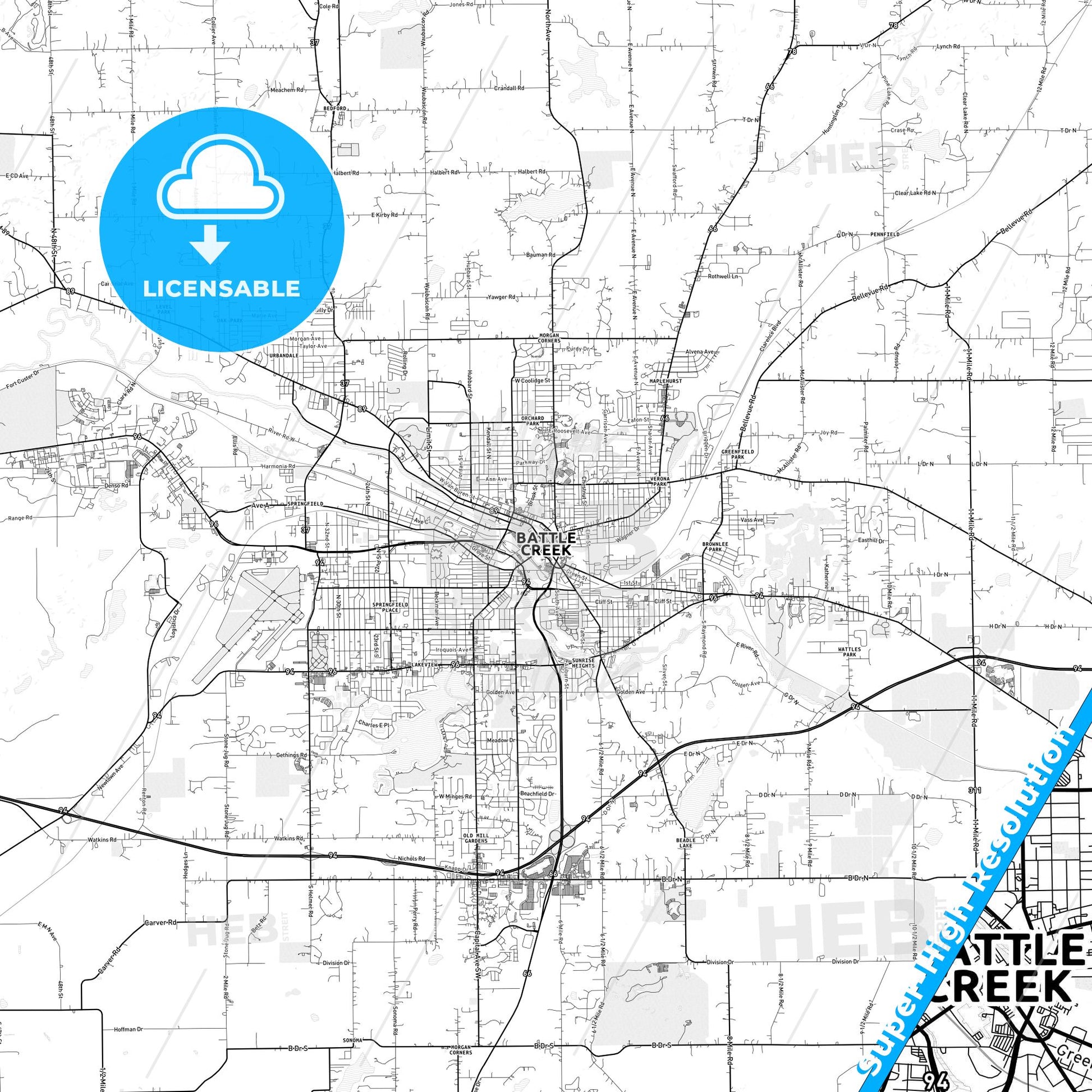 Battle Creek, Michigan light map with streetnames, citynames and districts