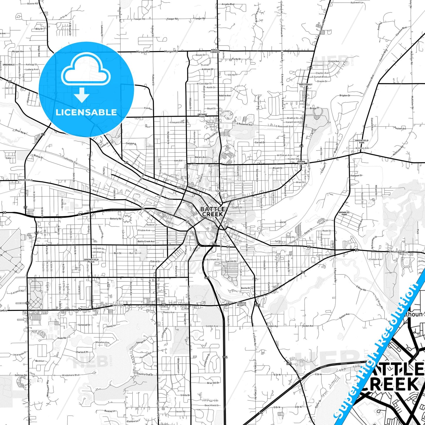 Battle Creek, Michigan Light Map with Street Names, City Names, and Districts