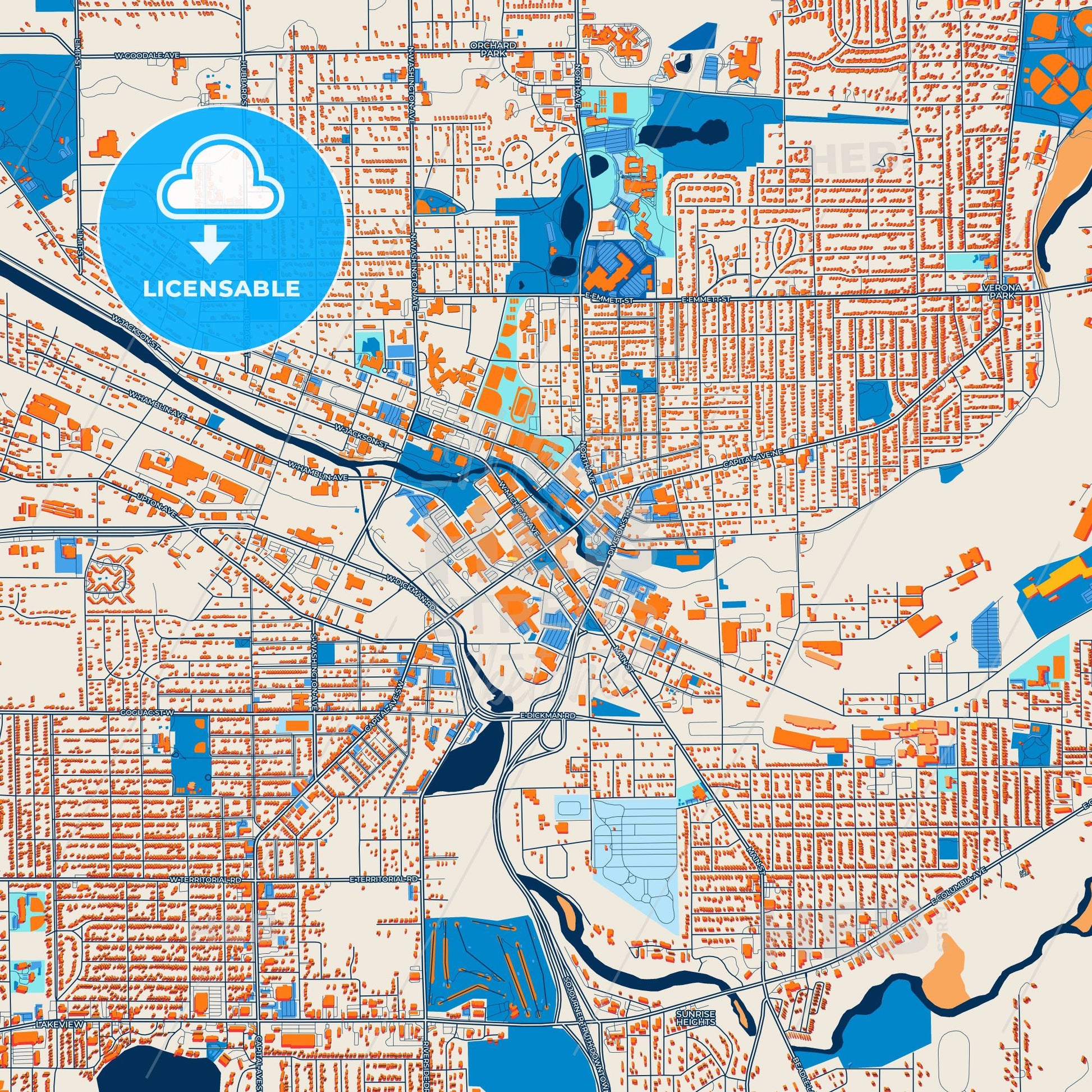 Colorful Battle Creek Street Map with Labels and Buildings