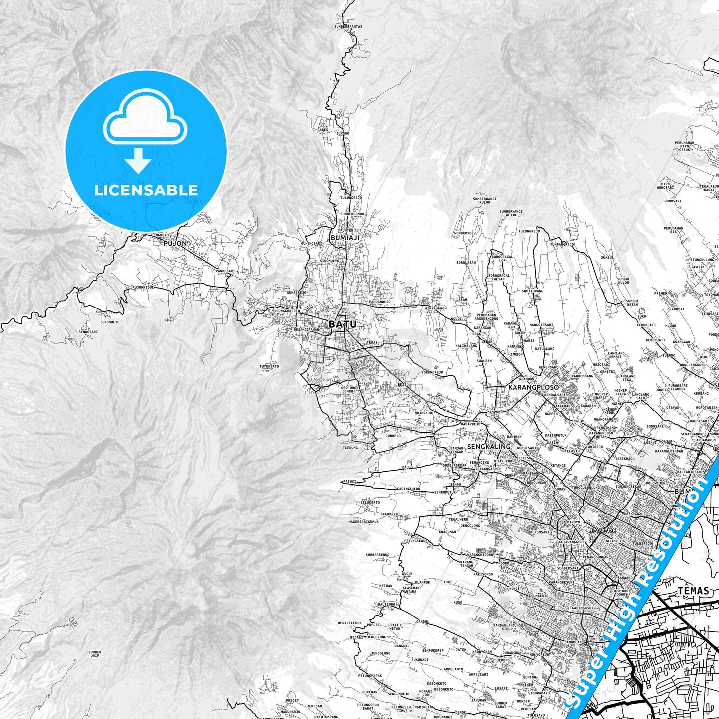 Batu, Indonesia light map with streetnames, citynames and districts