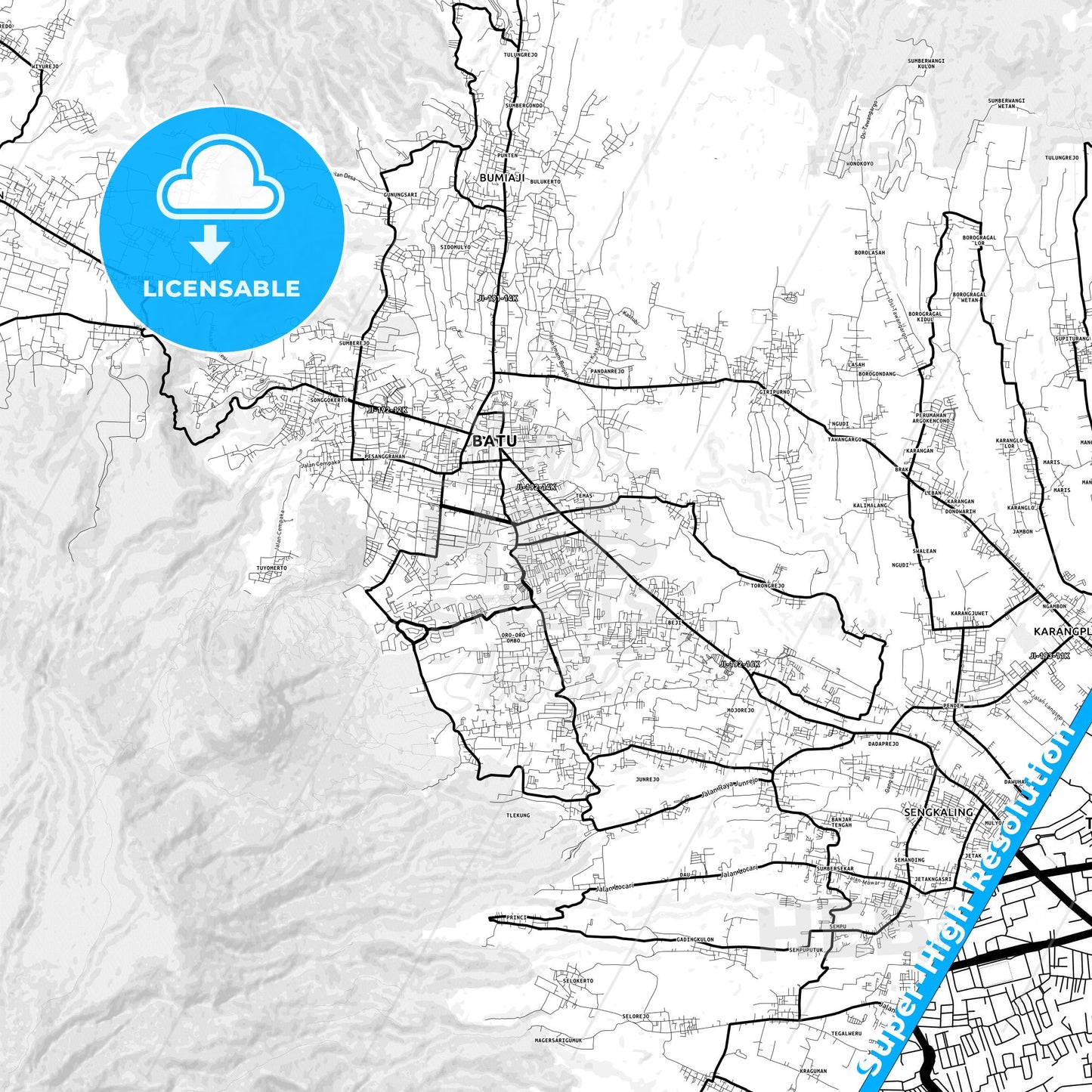 Batu, Indonesia Light Map with Street Names, City Names, and Districts