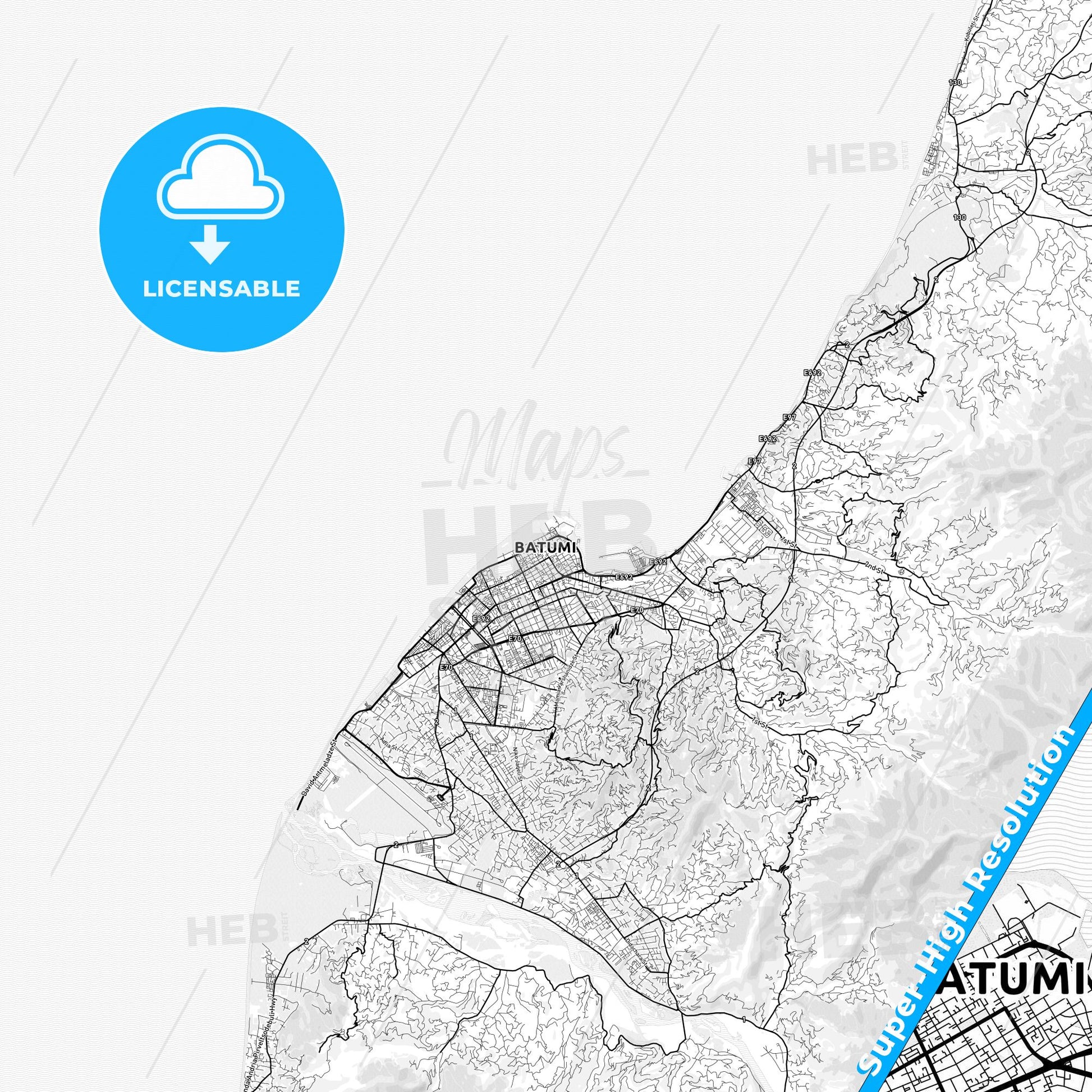 Batumi, Georgia light map with streetnames, citynames and districts