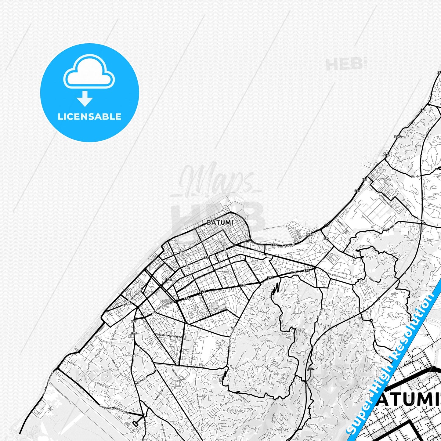 Batumi, Georgia Light Map with Street Names, City Names, and Districts