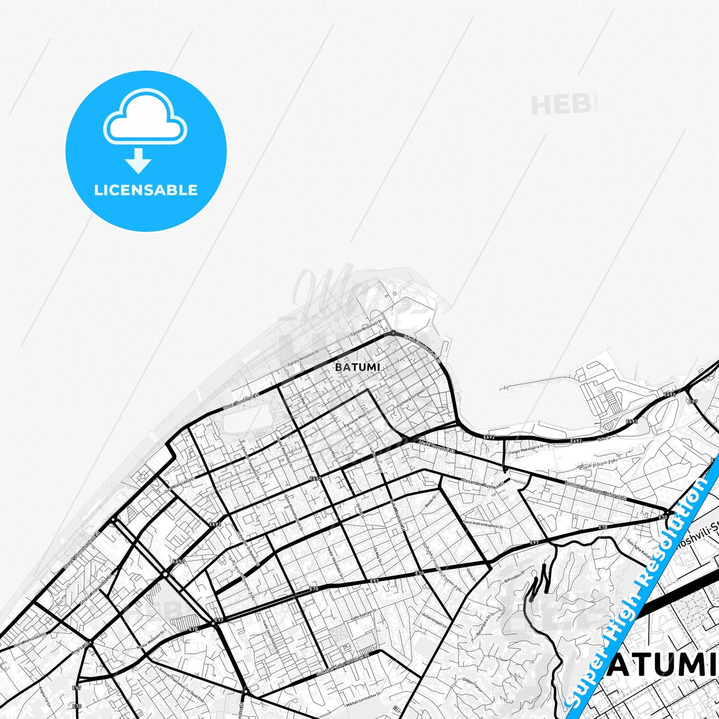 Batumi, Georgia Light Map with Street Names, City Names, and Districts