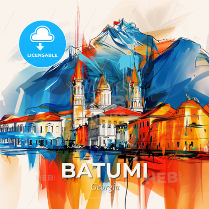 Vibrant Batumi, Georgia - A Painting Of A Town With A Mountain In The Background - Square format print template