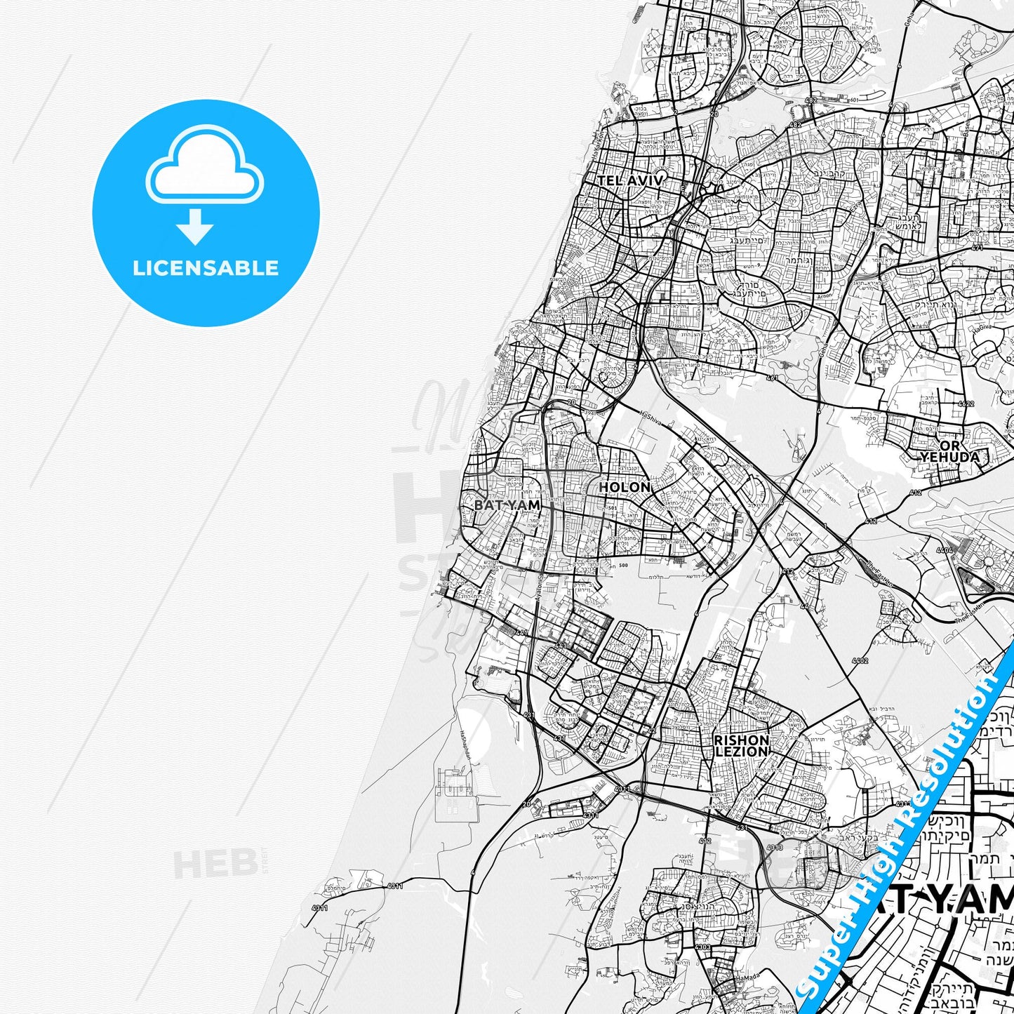 Bat Yam, Israel light map with streetnames, citynames and districts