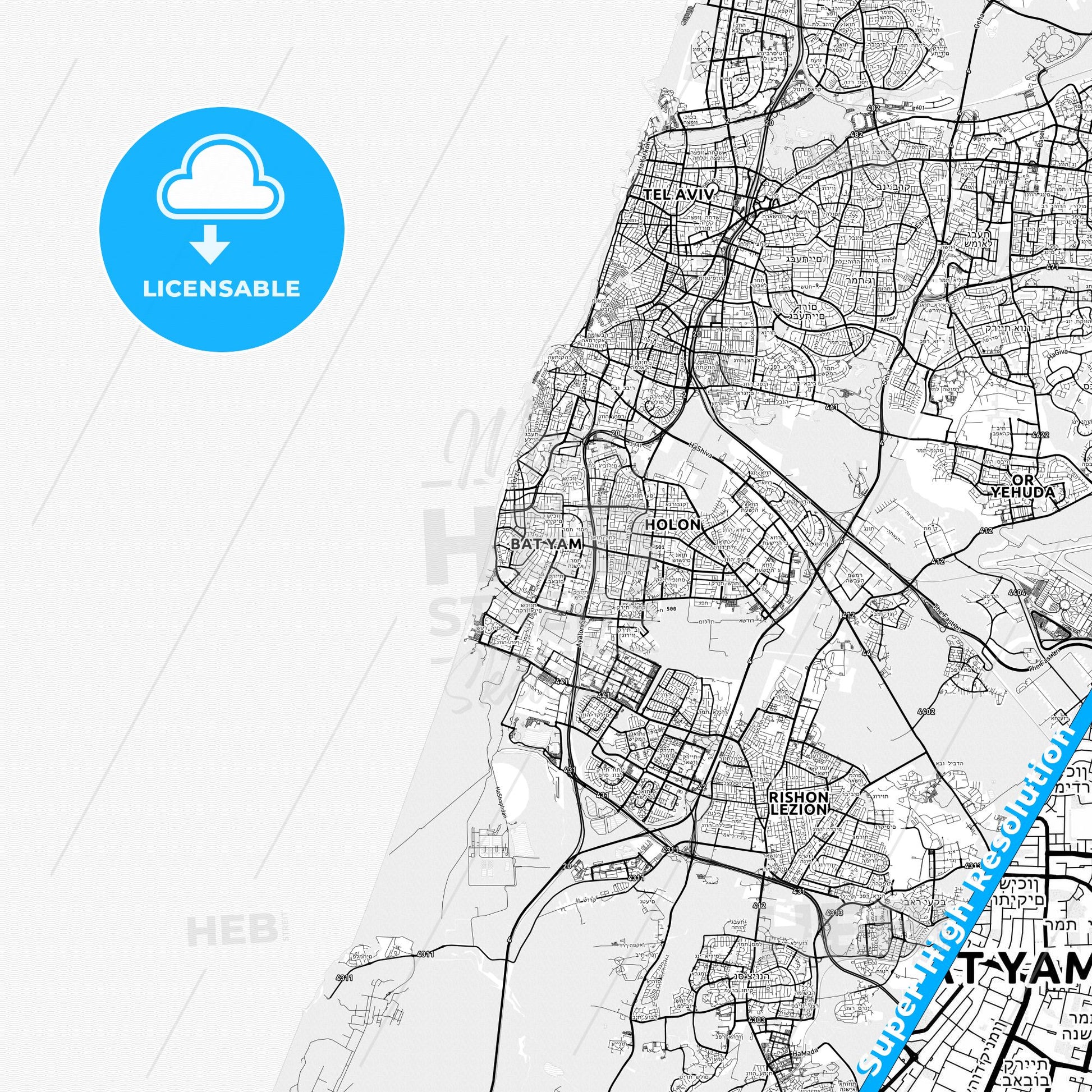 Bat Yam, Israel light map with streetnames, citynames and districts