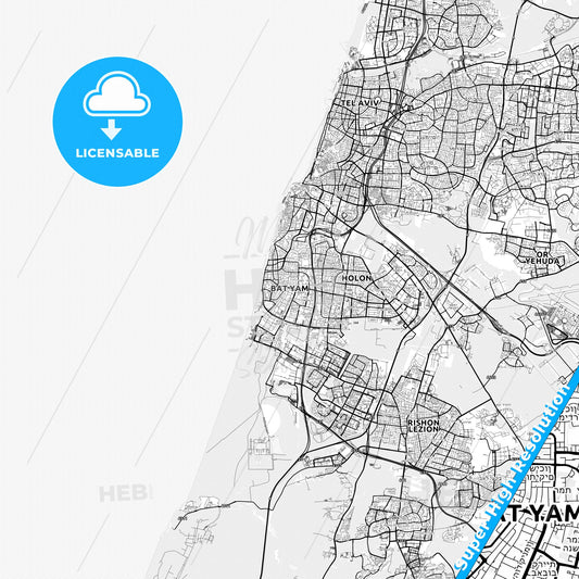 Bat Yam, Israel light map with streetnames, citynames and districts