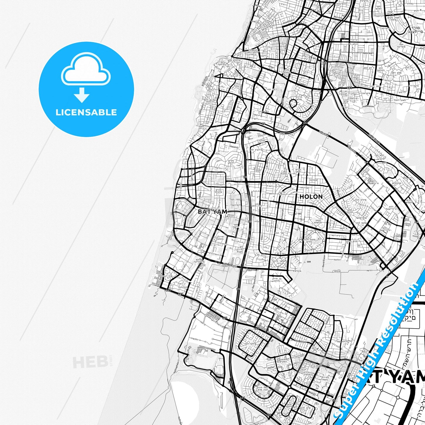 Bat Yam, Israel Light Map with Street Names, City Names, and Districts