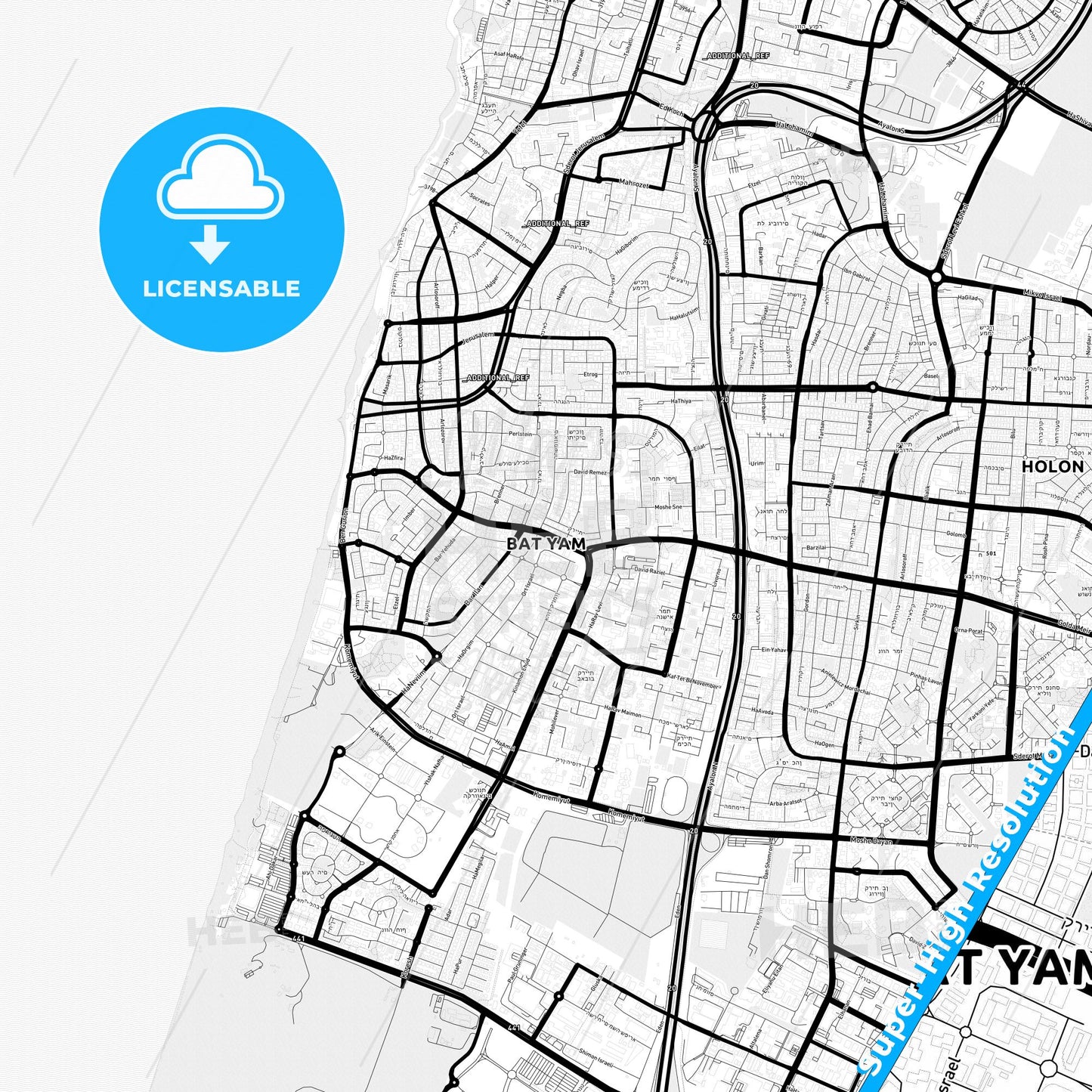 Bat Yam, Israel Light Map with Street Names, City Names, and Districts