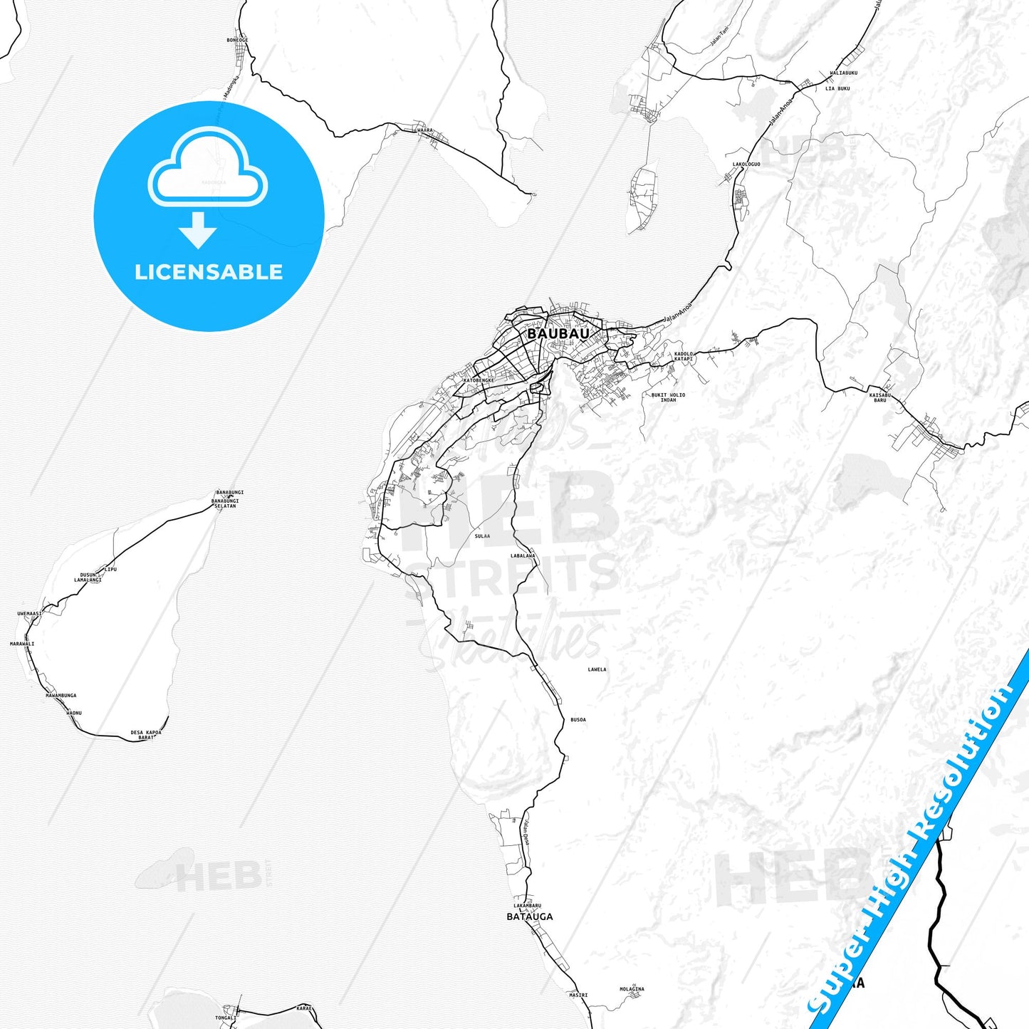 Baubau, Indonesia light map with streetnames, citynames and districts