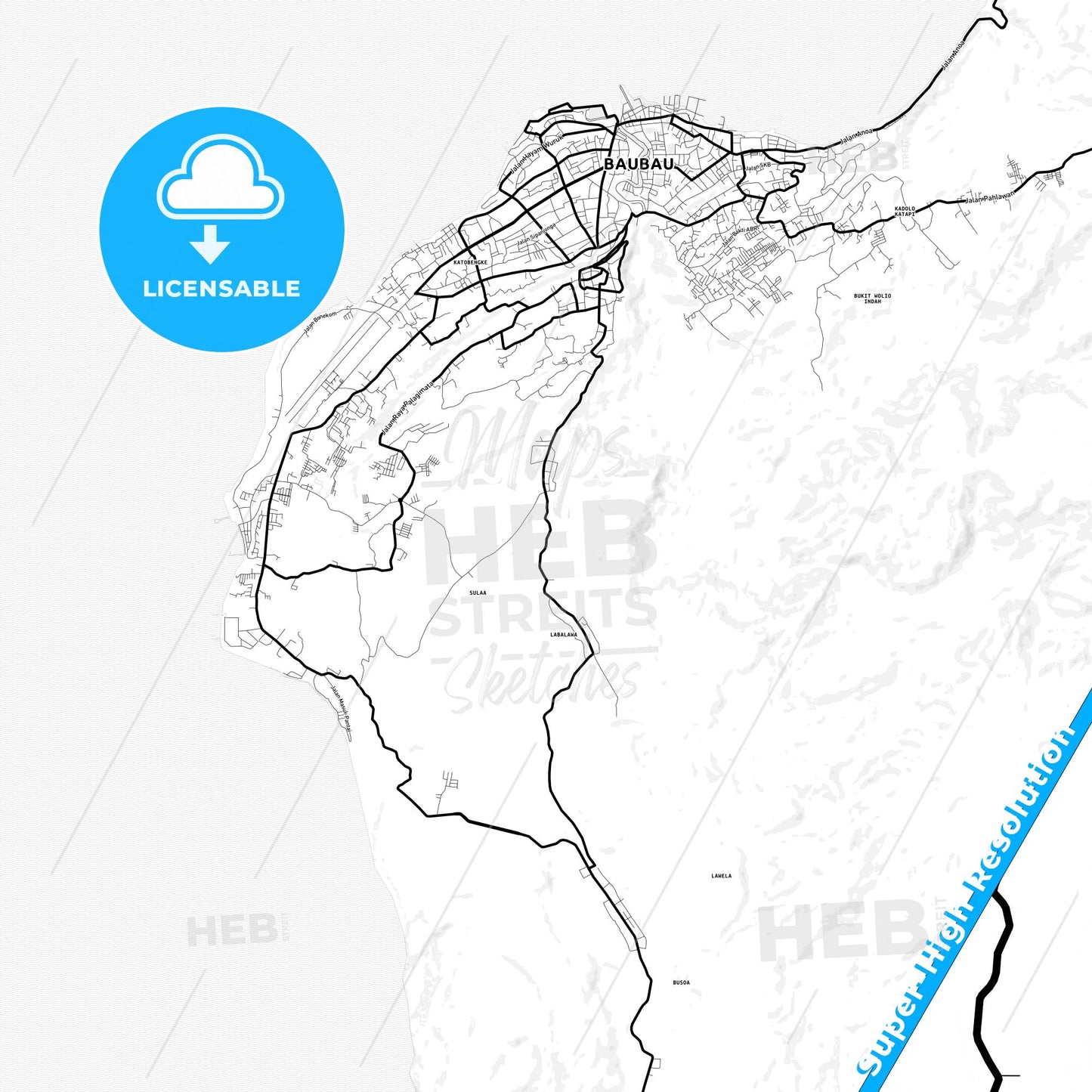 Baubau, Indonesia Light Map with Street Names, City Names, and Districts