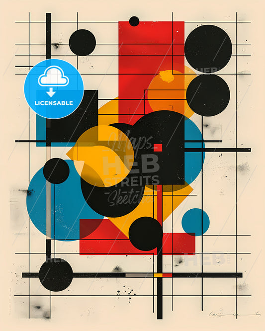 Abstract Geometric Art Poster: Vibrant Painting with Black Lines and Circles