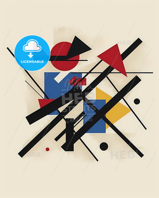 Bauhaus Style Abstract Artwork | Geometric Colorful Painting with Bold Black Lines and Vibrant Red and Blue Squares