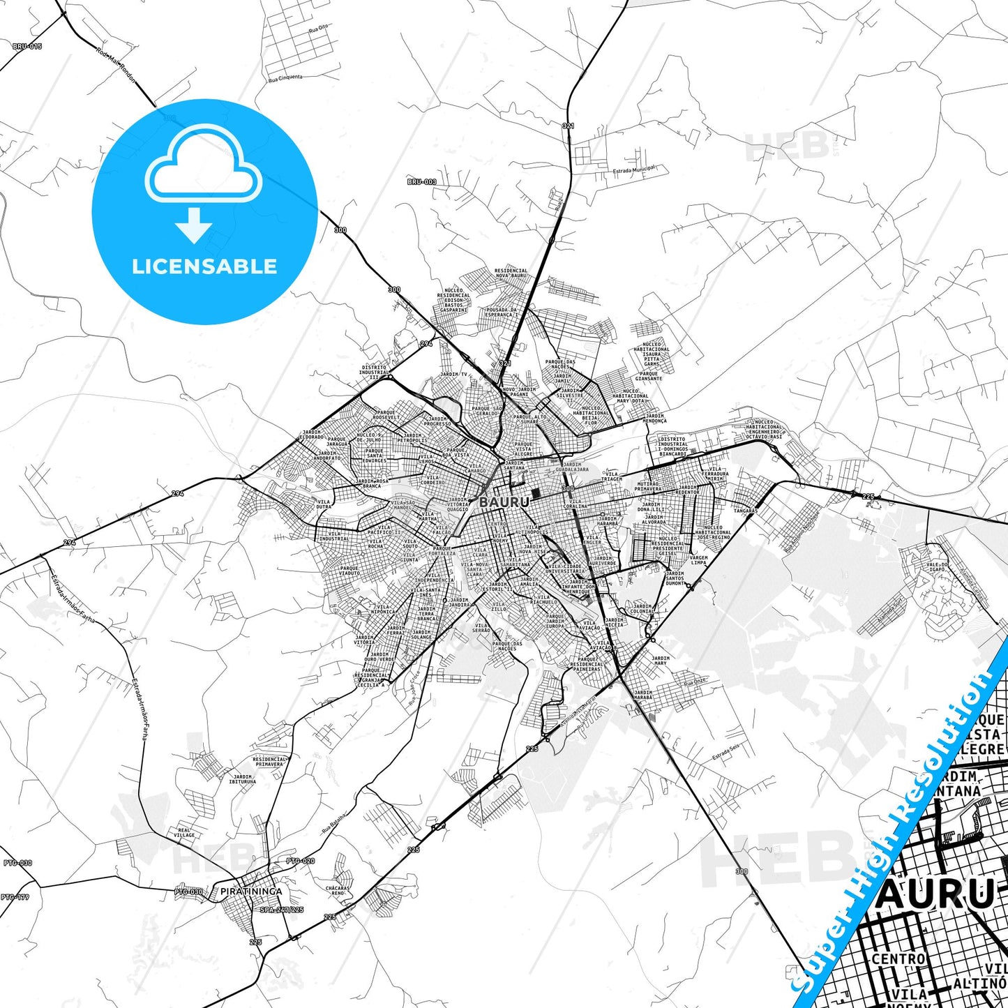 Bauru, Brazil light map with streetnames, citynames and districts