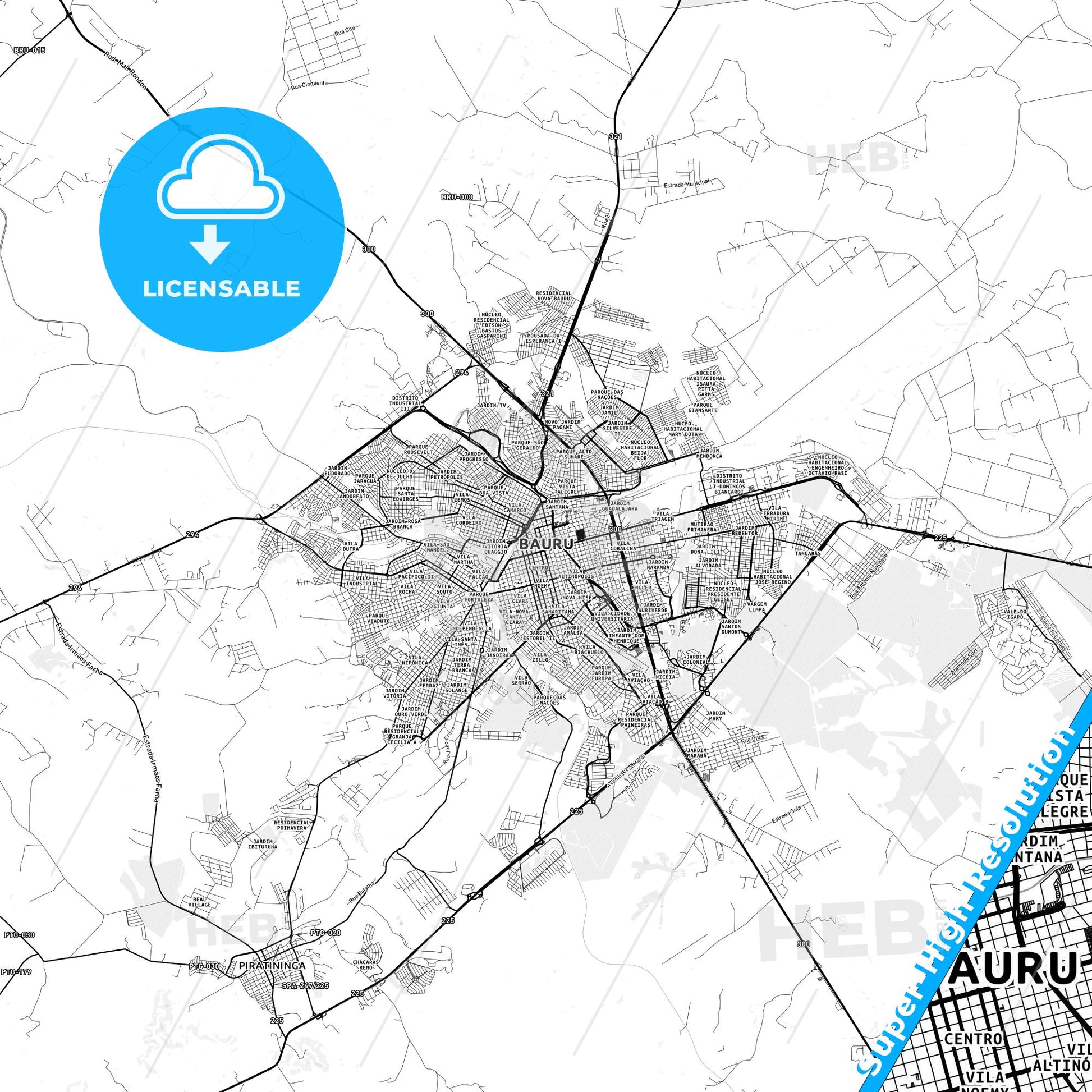Bauru, Brazil light map with streetnames, citynames and districts