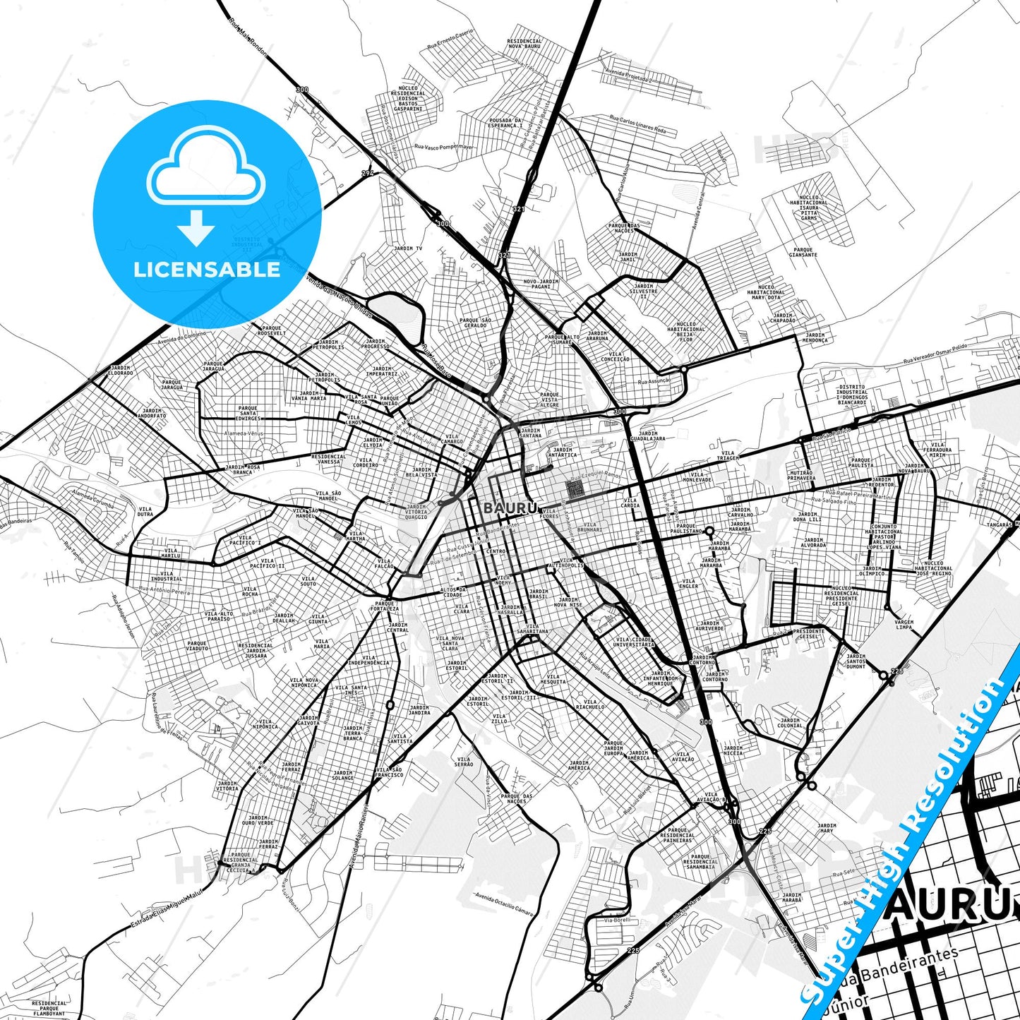 Bauru, Brazil Light Map with Street Names, City Names, and Districts