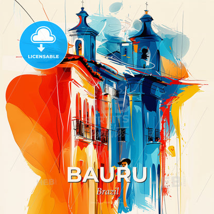 Vibrant Bauru, Brazil - A Painting Of A Building With A Person Standing In Front Of It - Square format print template