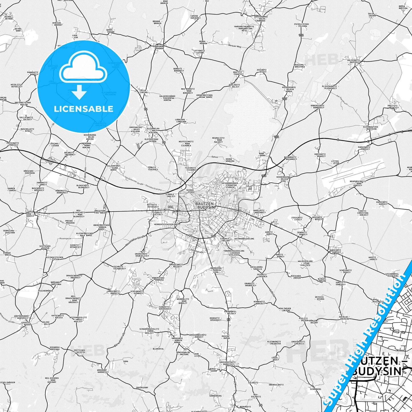 Bautzen, Germany light map with streetnames, citynames and districts
