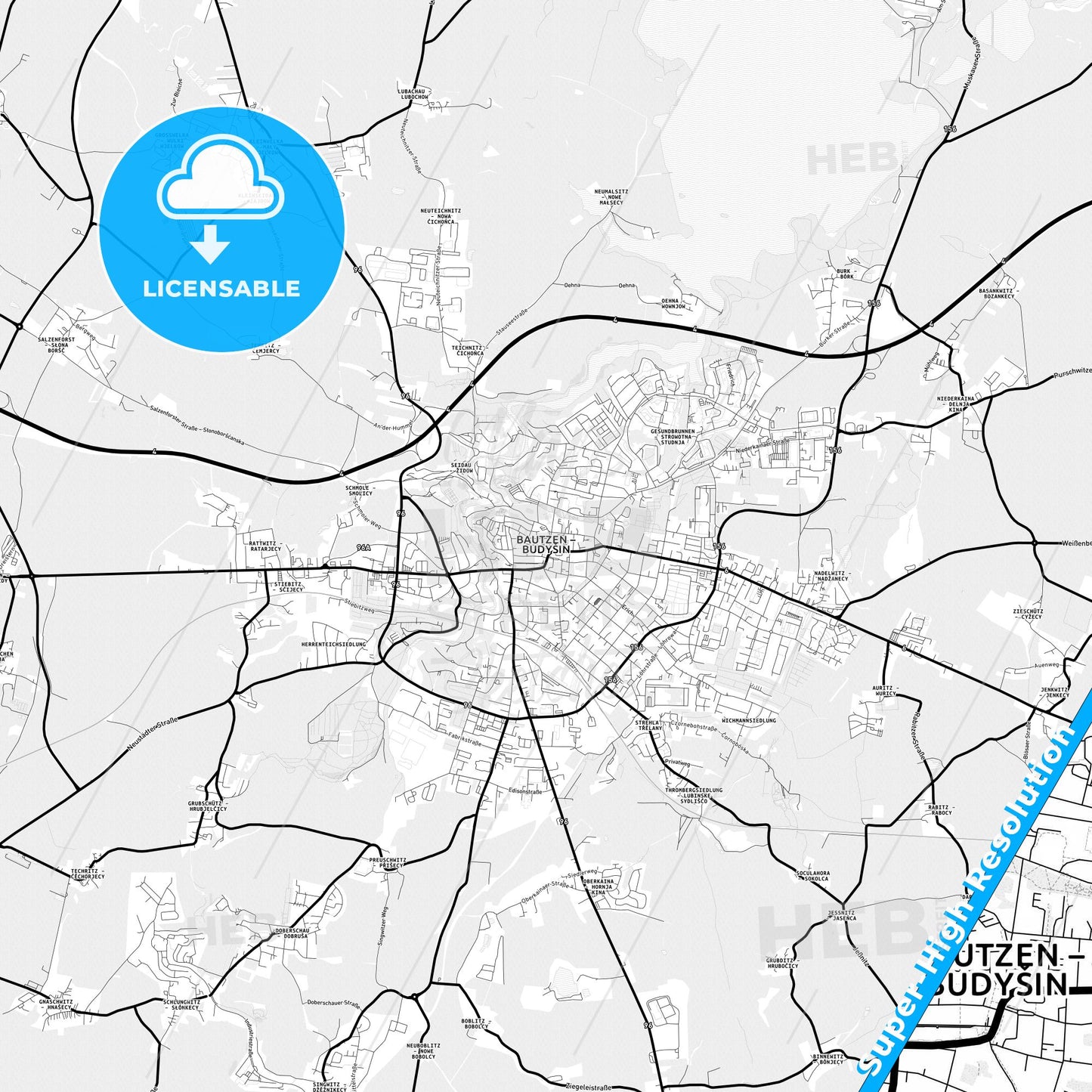 Bautzen, Germany Light Map with Street Names, City Names, and Districts