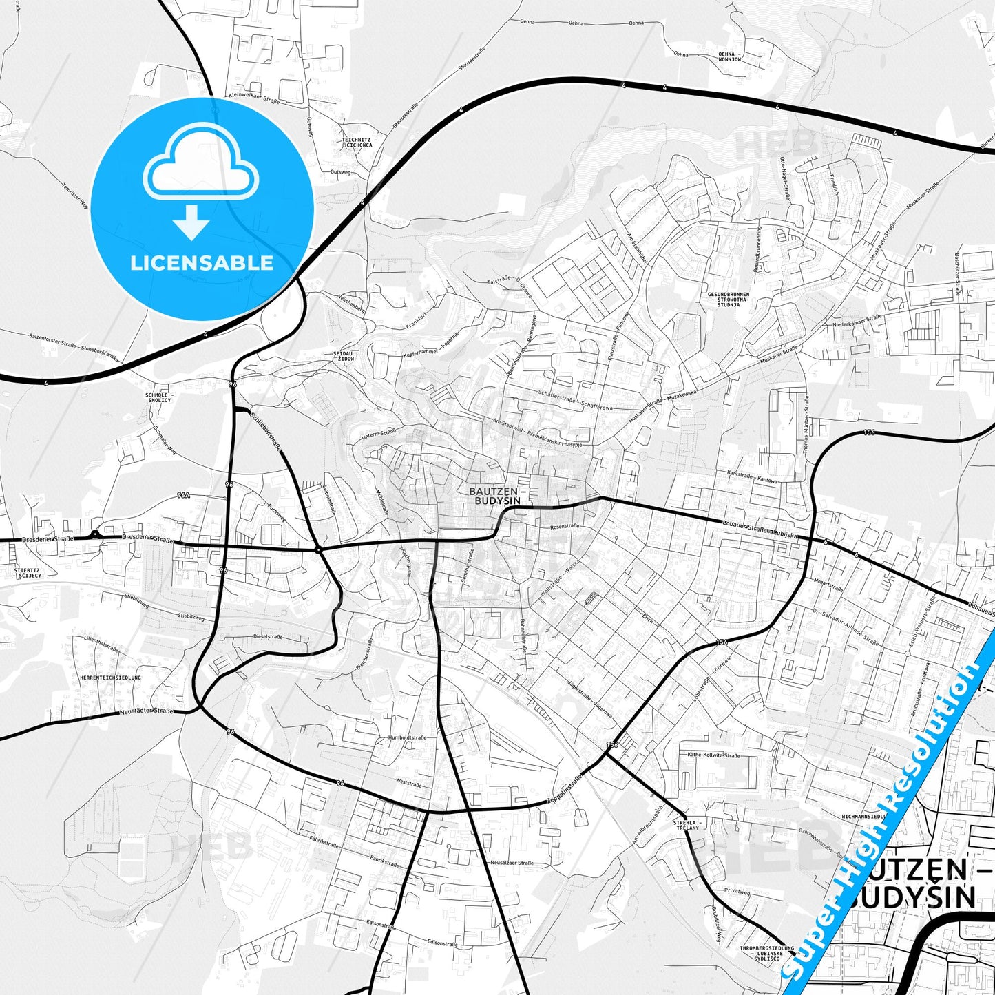 Bautzen, Germany Light Map with Street Names, City Names, and Districts