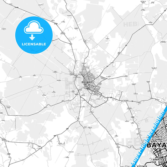 Bayamo, Cuba light map with streetnames, citynames and districts