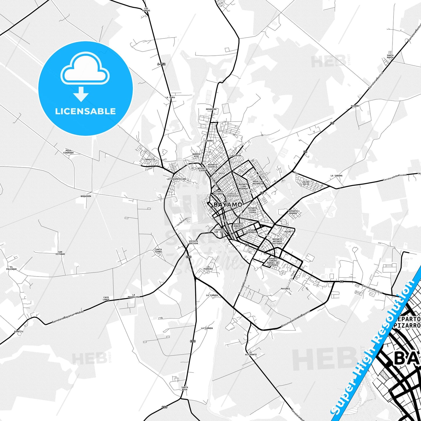 Bayamo, Cuba Light Map with Street Names, City Names, and Districts