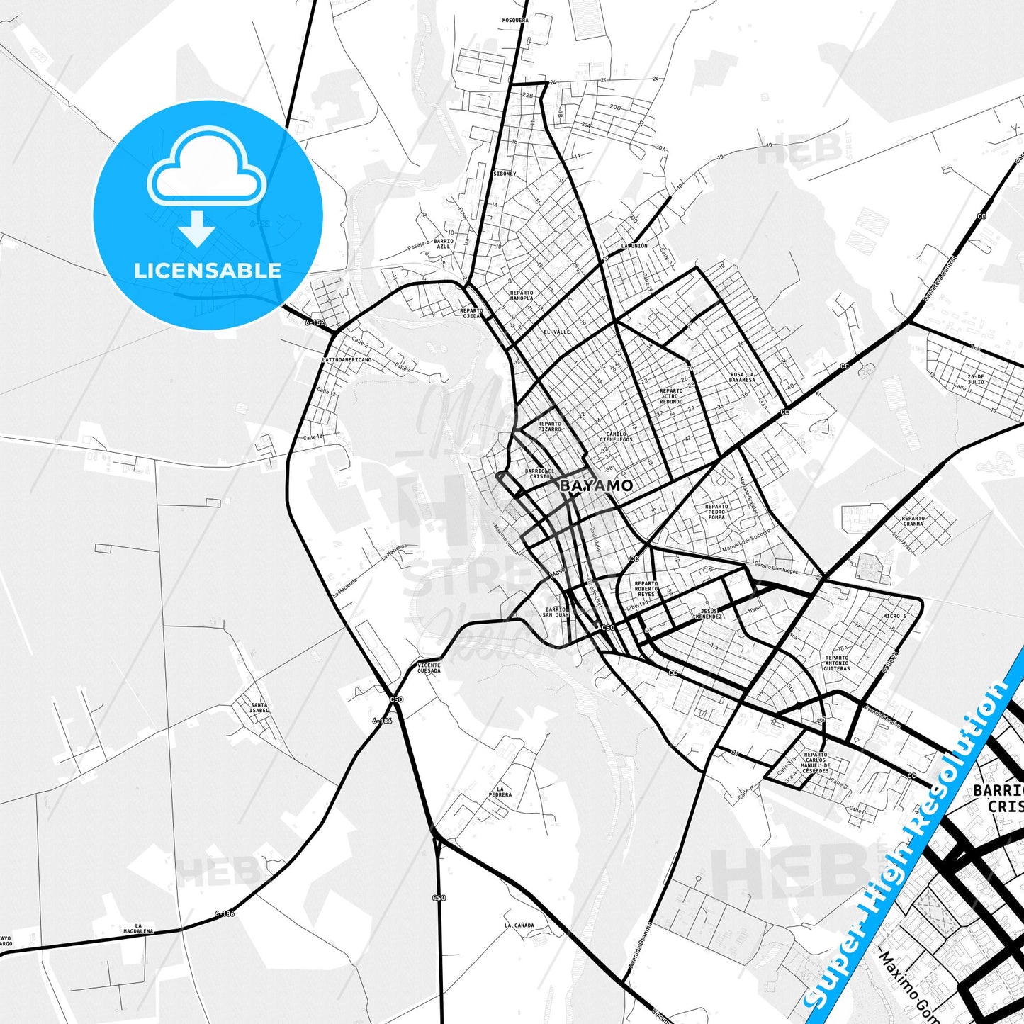 Bayamo, Cuba Light Map with Street Names, City Names, and Districts