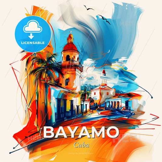 Vibrant Bayamo, Cuba - A Painting Of A Building With Palm Trees - Square format print template