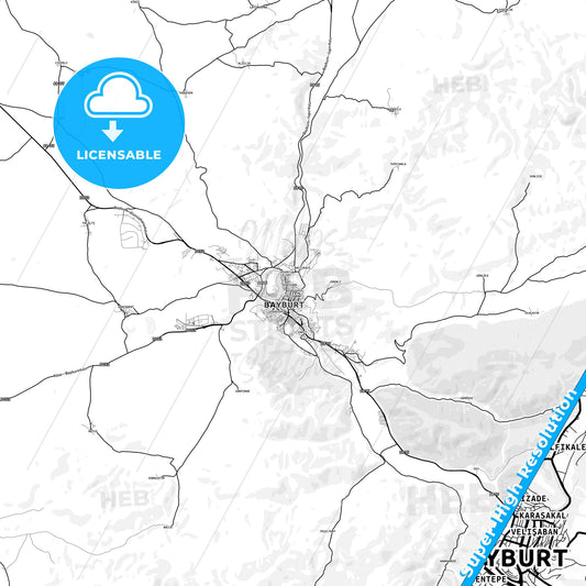 Bayburt, Turkey light map with streetnames, citynames and districts