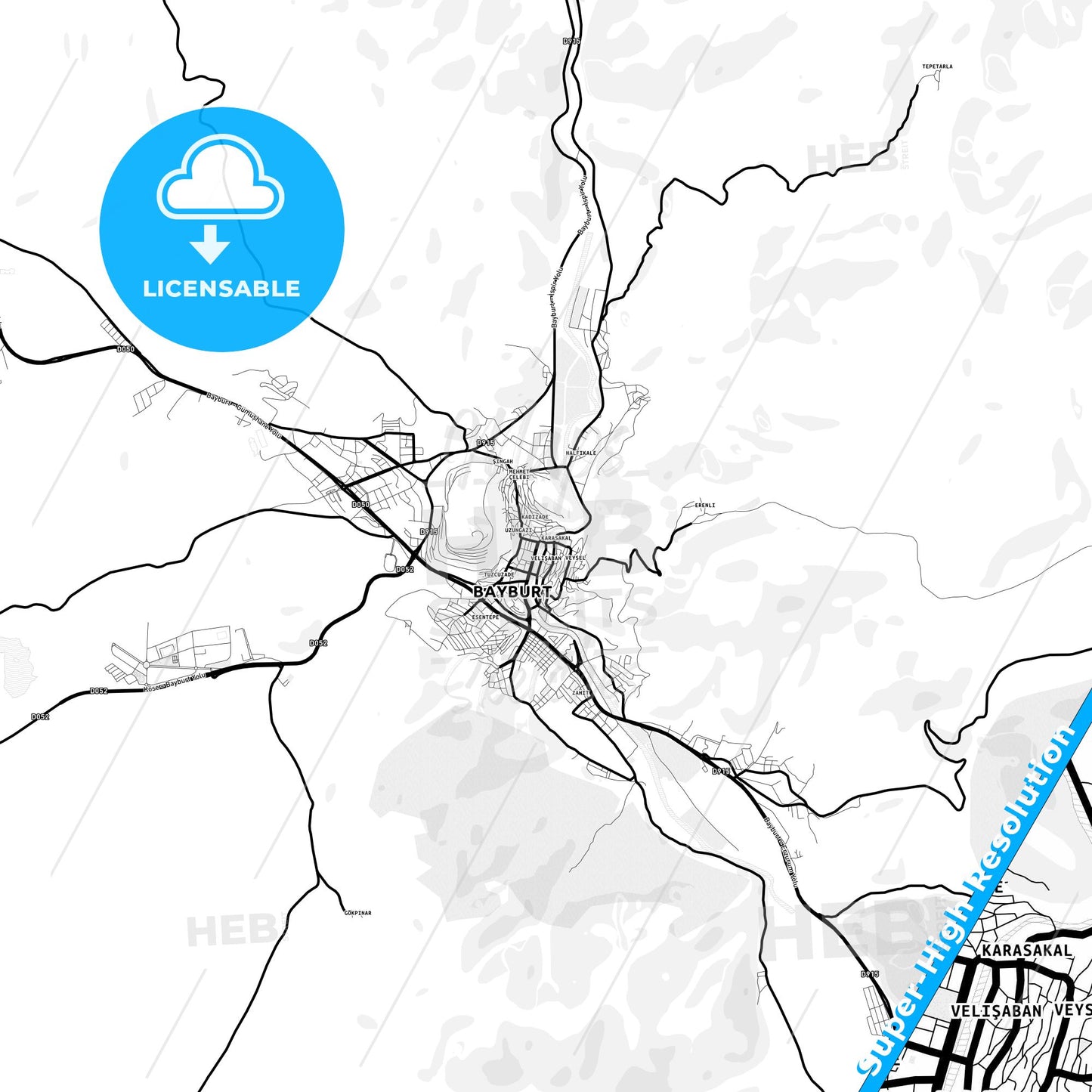 Bayburt, Turkey Light Map with Street Names, City Names, and Districts