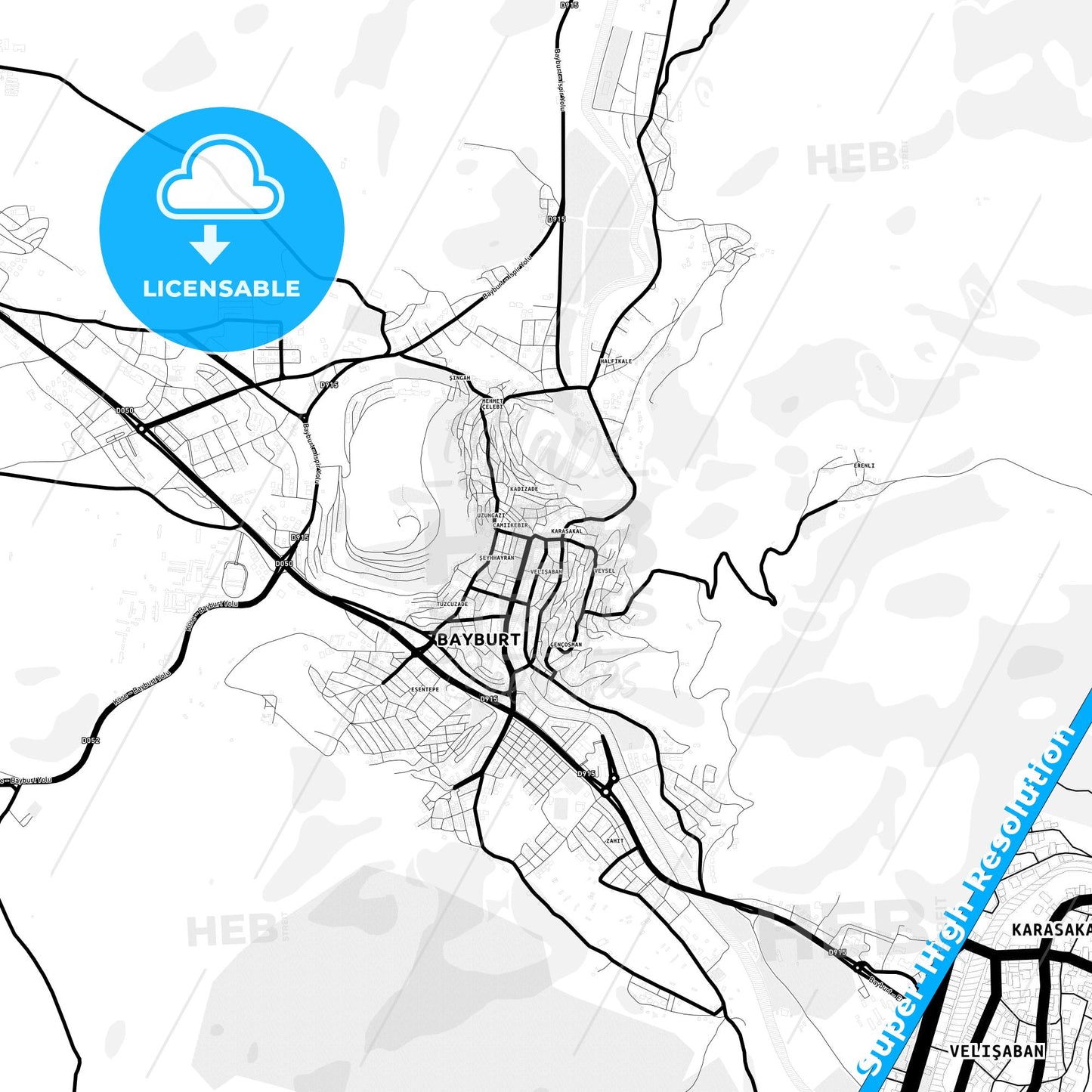 Bayburt, Turkey Light Map with Street Names, City Names, and Districts