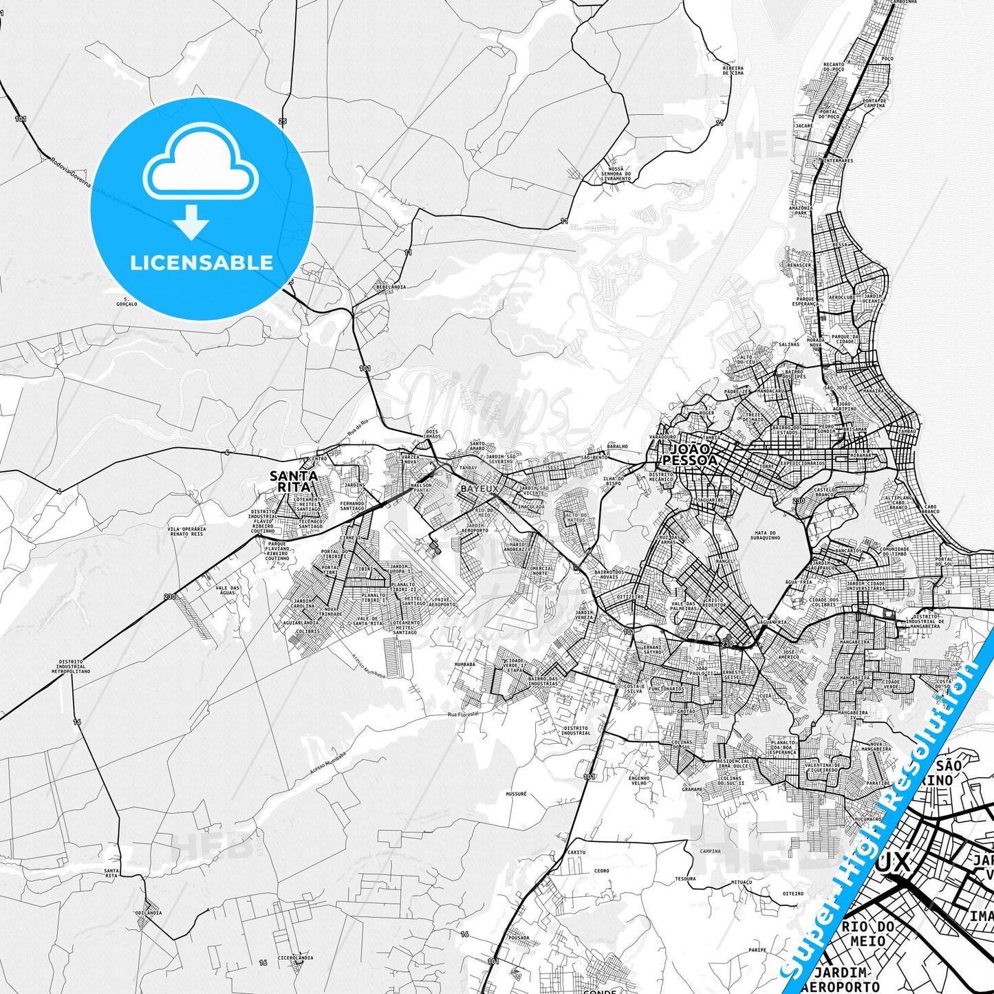Bayeux, Brazil light map with streetnames, citynames and districts
