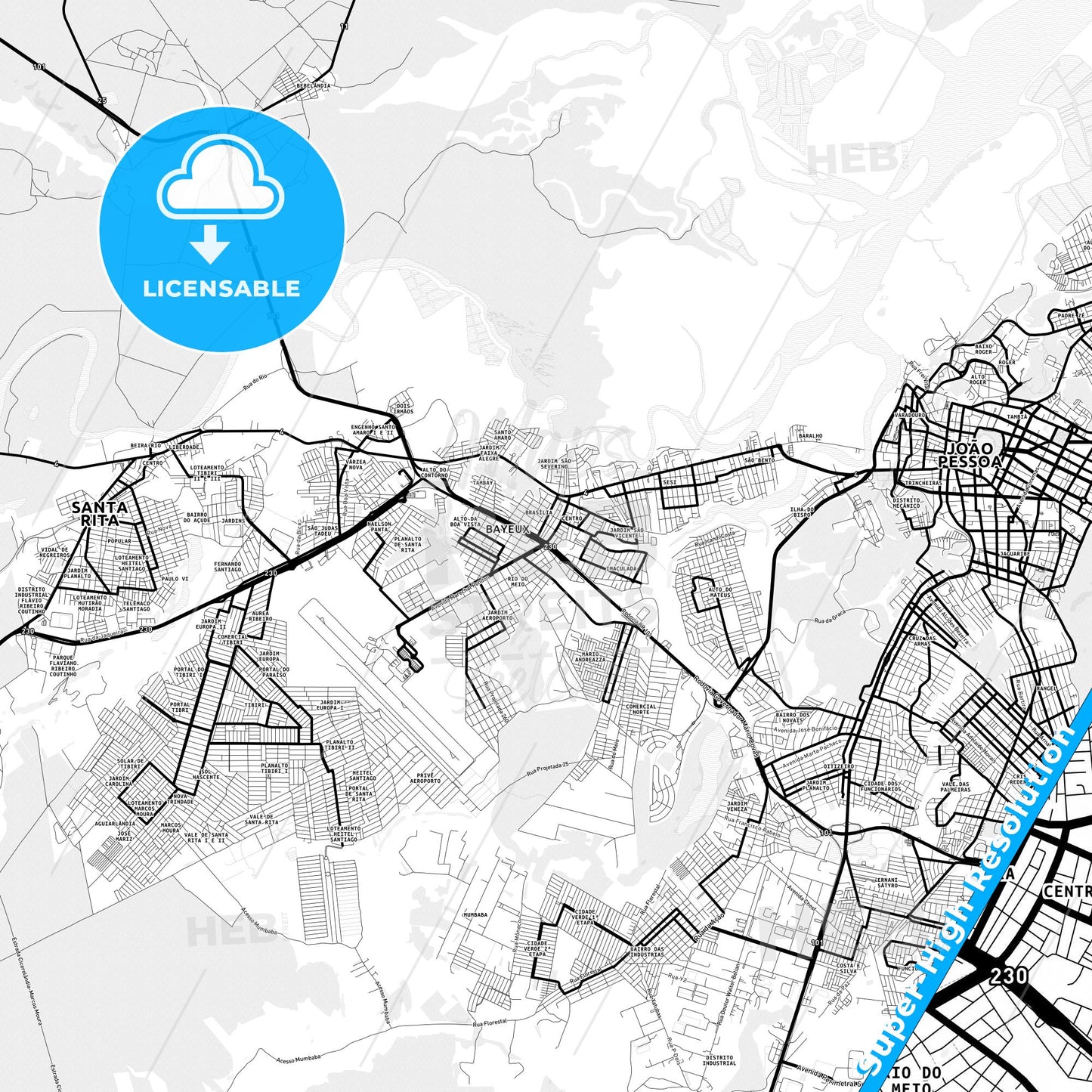 Bayeux, Brazil Light Map with Street Names, City Names, and Districts