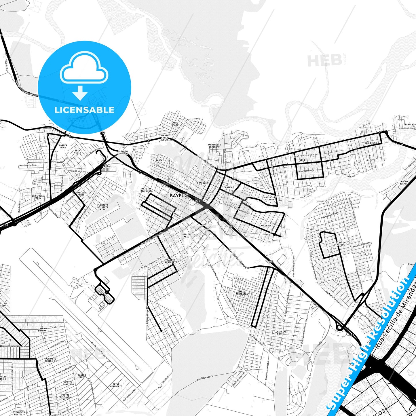 Bayeux, Brazil Light Map with Street Names, City Names, and Districts
