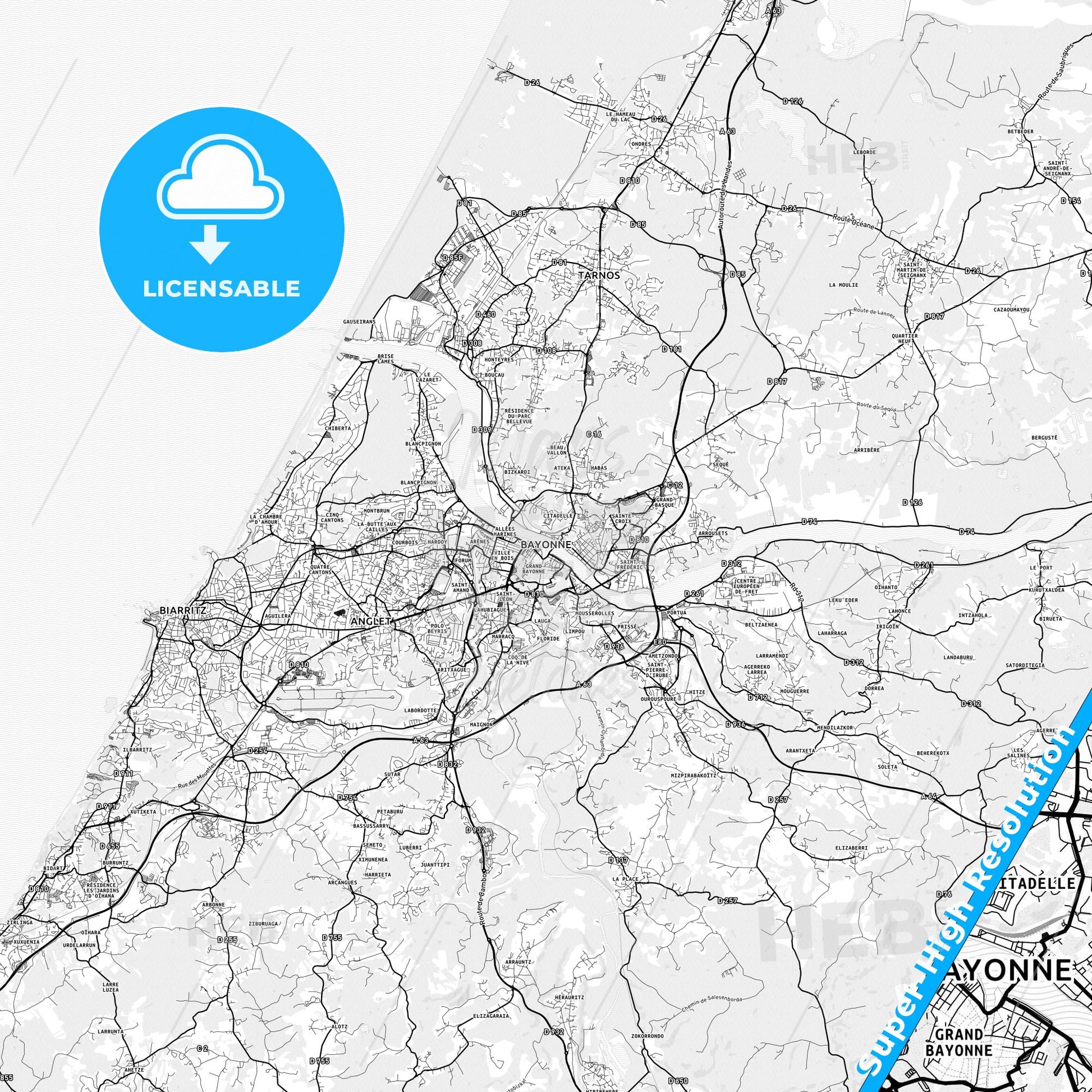 Bayonne, France light map with streetnames, citynames and districts