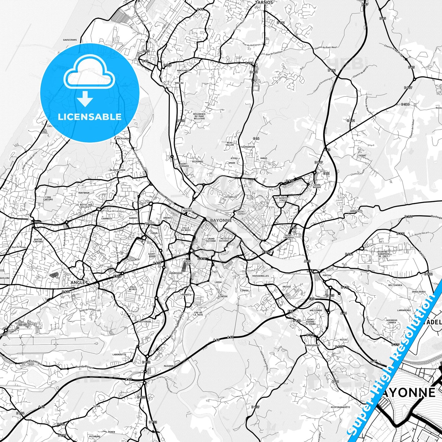 Bayonne, France Light Map with Street Names, City Names, and Districts