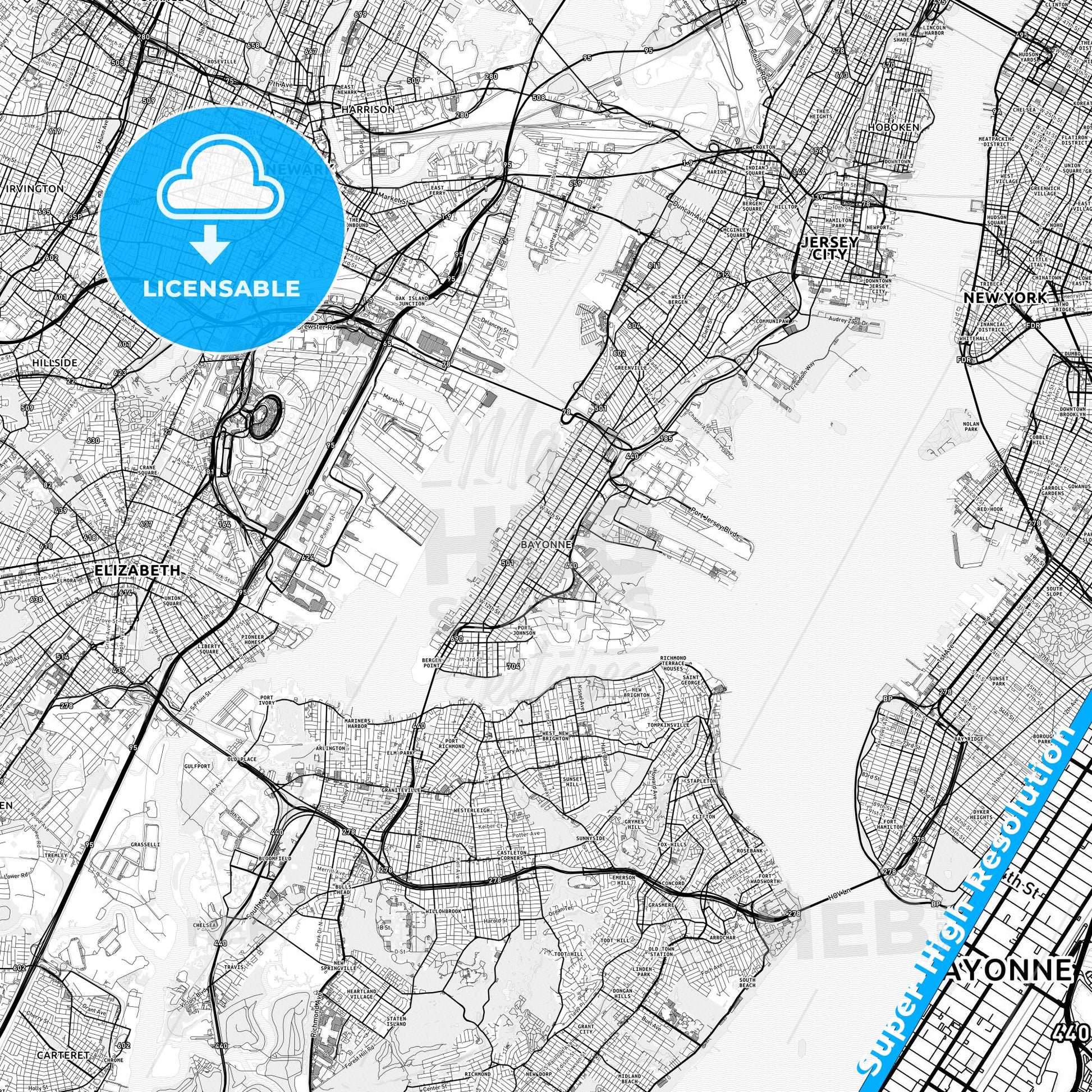 Bayonne, New Jersey light map with streetnames, citynames and districts
